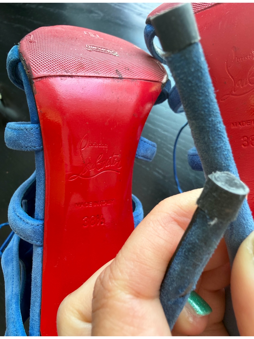 Christian Louboutin AMAZOULO Blue Suede Lace Up High-Heel Sandals 100MM, 38.5 ๐ - Picture 6 of 8